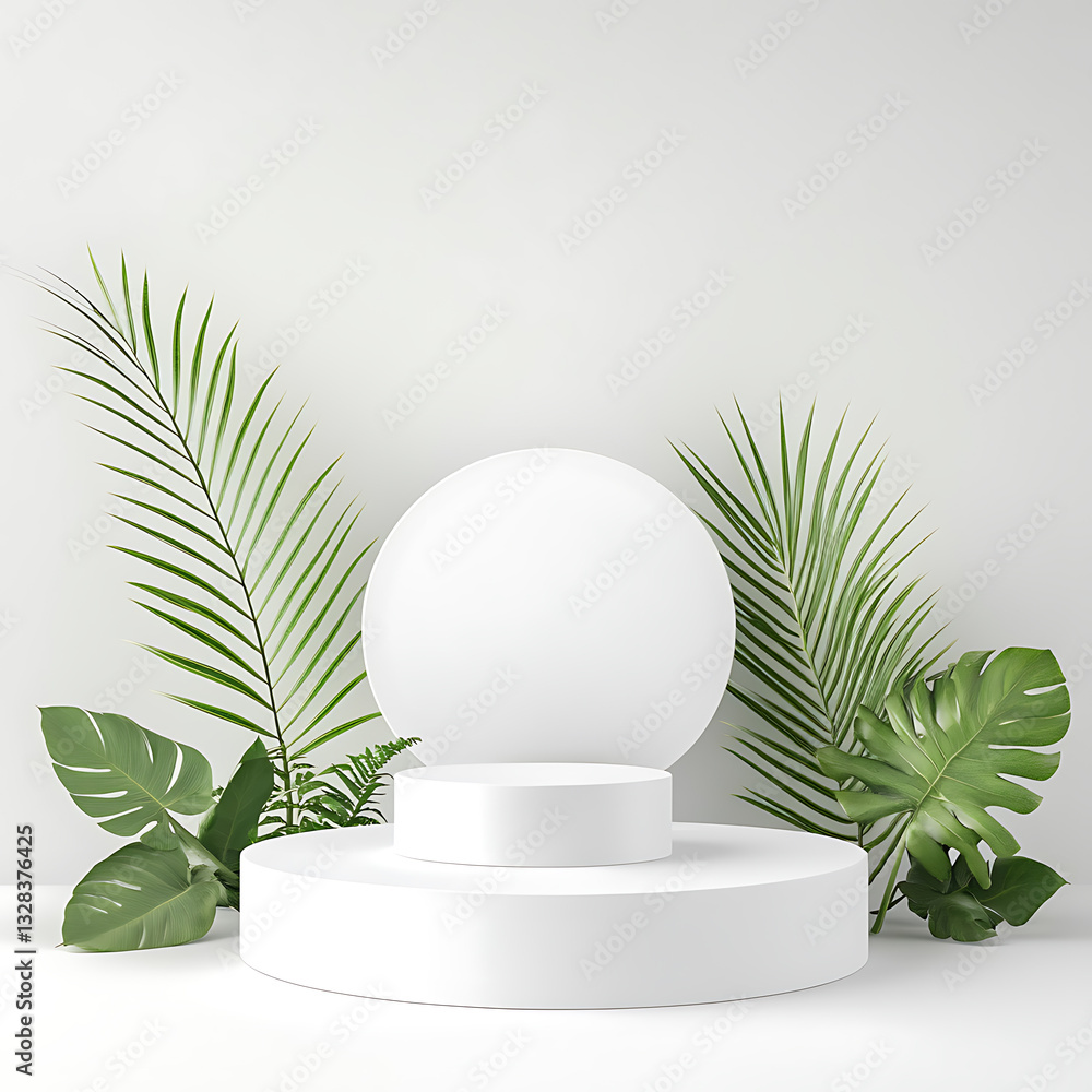 Poster minimalist display setup with circular elements indoor space product showcase natural vibes eye-leve