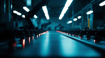 Automated assembly line with illuminated components moving along a conveyor belt in a factory setting