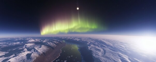 Spectacular auroral display over a frozen landscape under a starry sky