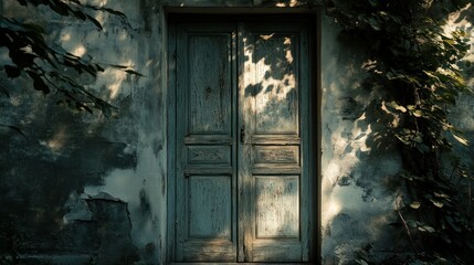 Aged wooden door set in a weathered and overgrown wall