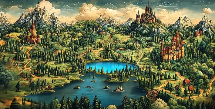Enchanted landscape map featuring castles, mountains, and serene lakes in a fantasy setting