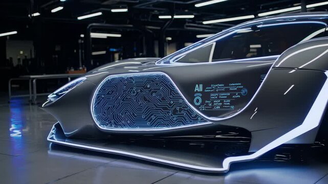 Futuristic electric car with neon-lit aerodynamic design in high-tech showroom. Concept of innovation and future mobility