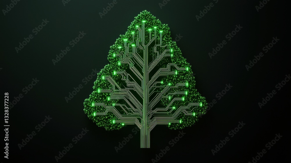 Poster a digital tree design made of circuitry, symbolizing the fusion of nature and technology with vibran