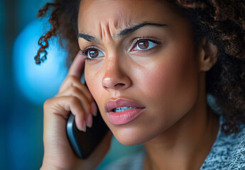 Anxious young woman on a phone call. Potential scammers or disturbing news.