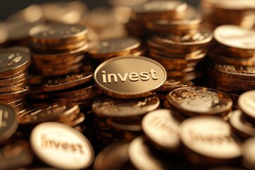 Golden coins, stacked high, with prominent 'invest' coins.  Represents wealth and financial growth