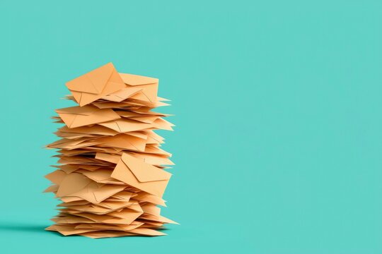 A tall stack of pale orange envelopes sits on a teal background.  Lots of mail