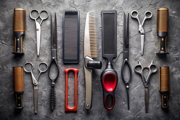 Silhouette of Barber Tools: Scissors, Combs, Razors on Gray Background - Flat Lay Stock Photo