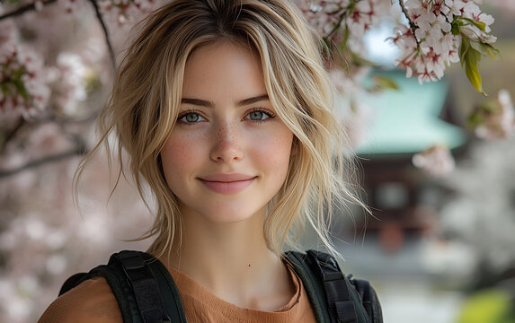 Vibrant Travel Portrait of Sarah Johnson Amidst Japanese Cherry Blossoms  