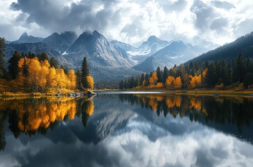 Obraz premium Serene Autumn Landscape with Vibrant Trees, Majestic Mountains, and Reflective Lake Under Dramatic Cloudy Sky in Nature's Breathtaking Beauty