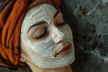 Fototapeta premium Woman Relaxed Spa Face Mask Treatment Beauty Care Skin Clay Girl Cream White Towel Health Orange 