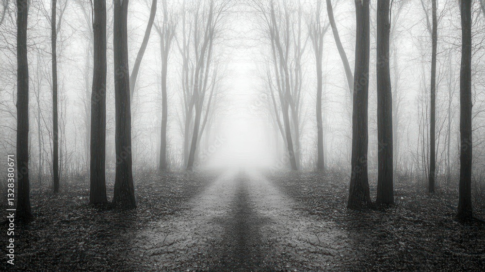 Poster A Foggy Forest Path With Trees Extending Into The Distance
