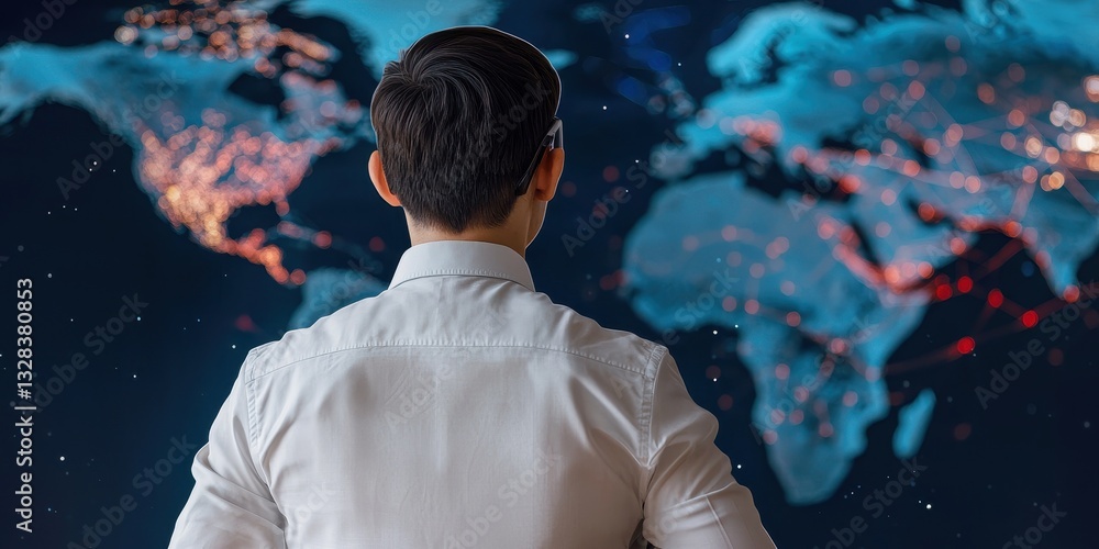 Poster a person in a white shirt gazes at a digital world map illuminated with lights, suggesting a focus o