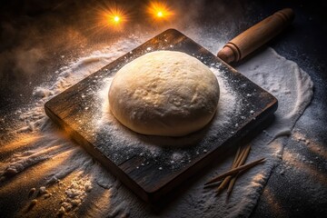 Obraz premium Silhouette of Homemade Pizza Dough on Slate Plate, Flour Dust