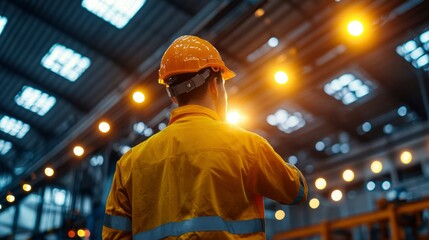 Obraz premium Worker in hard hat surveys industrial facility, lit by bright lights