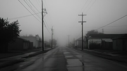 A Foggy Street With Power Lines And Houses In View