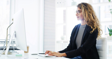 Business, research or woman on computer in office for online performance, report information or...