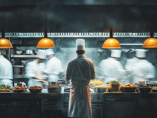 A chef working in a bustling restaurant kitchen, surrounded by steam and activity.