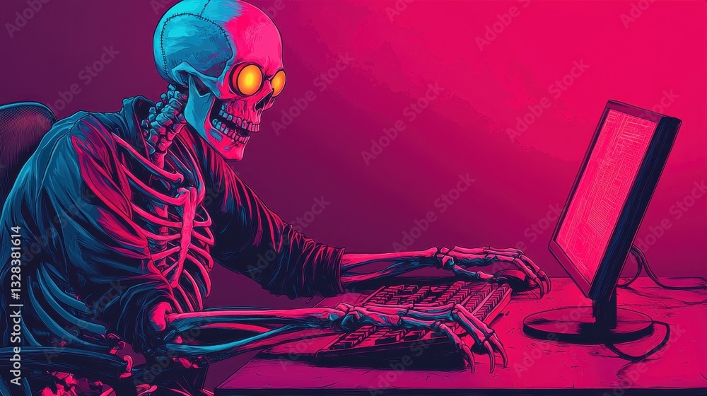 Poster a colorful illustration of a skeleton using a computer in a vibrant digital environment.