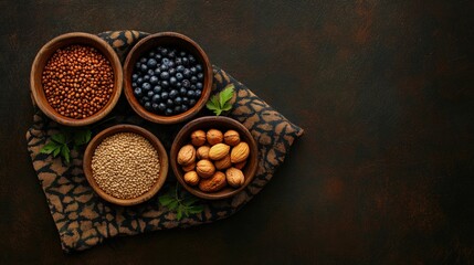 Artistic flat lay of nuts grains and berries kitchen table food photography dark background aesthetic presentation