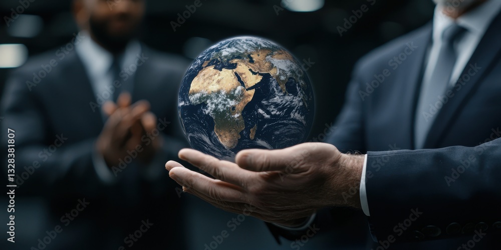 Poster a businessman holds a globe in his hands, symbolizing global awareness and responsibility while anot