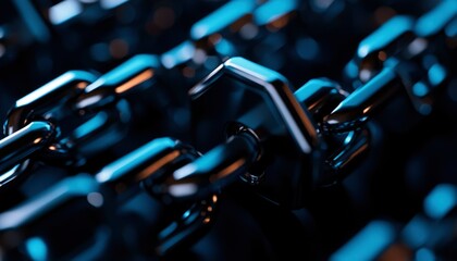 Naklejka premium Close-up of a metallic chain, reflecting light. Interlocking links create a strong, visually appealing texture