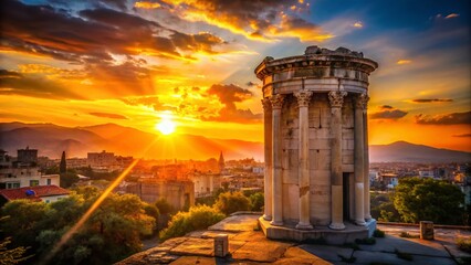 Fototapeta premium Silhouette of the Tower of the Winds at Sunset, Athens, Greece - Historic Landmark
