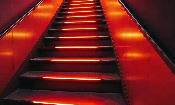 Red Illuminated Escalator Stairs Modern Architecture, Interior Design