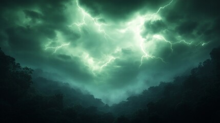 Obraz premium Forest valley under dramatic green thunderstorm with lightning