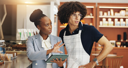 Business people, waiter or tablet in coffee shop, internet or service with connection. Employees,...