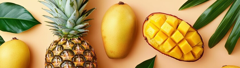 Vibrant flatlay of tropical fruits pineapple mango and leaves kitchen aesthetic food arrangement bright setting cheerful concept