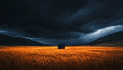 Fototapeta premium Golden field, solitary hut under dramatic stormy sky. Mountains in distance