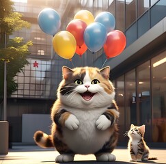 a fat cat holding a balloon accompanied by a kitten