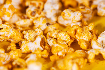 Closeup of creamy tasty popcorn, its movie time