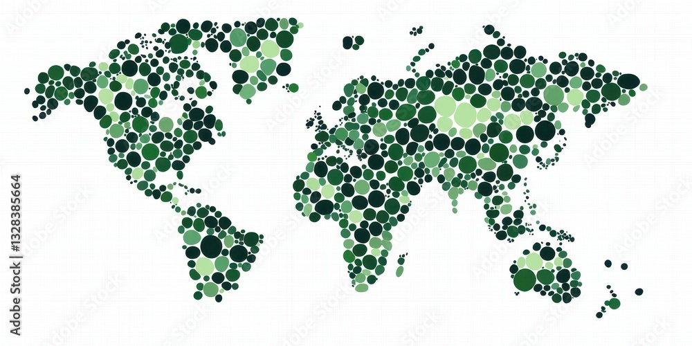 Poster a stylized world map composed of varying shades of green circles, representing global data or eco-fr