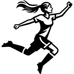 Obraz premium Sport emblem of female soccer player celebrates scoring goal against an opponent in monochrome. Engraving minimalistic vector in black ink drawing on transparent background