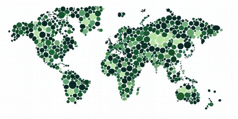 Fototapeta premium A stylized world map composed of varying shades of green circles, representing global data or eco-friendly themes.