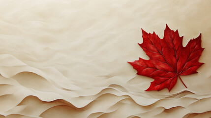 A zoomed in view of the maple leaf on the Canada flag with sharp contrast on a solid sandy beige background.