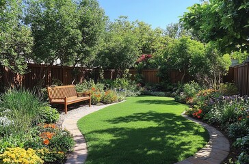 Serene Garden Oasis with Vibrant Flowers and Lush Green Grass Surrounded by Scenic Trees and Wooden Bench in Bright Sunny Day