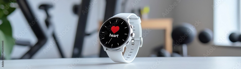 Poster close-up of a modern smartwatch displaying heart rate on a gym table.