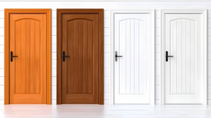 Four Interior Doors in Orange Brown White and Off White Against White Wood Wall