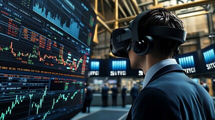 Virtual reality stock market where users analyze futuristic financial trends in real time AI simulations