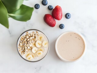 Obraz premium Healthy breakfast smoothies and oatmeal bowls in a cozy kitchen nook morning light food photography inviting atmosphere