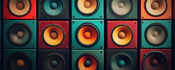 Colorful array of vintage speakers arranged in a patterned design for music lovers.