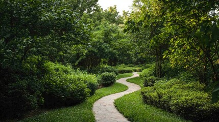 Serpentine stone path winds through lush green foliage, creating a tranquil, natural scene
