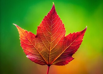 Single Red Leaf Isolated on Green Background - Autumn Nature Stock Photo