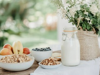 Homemade almond milk and granola breakfast setting cozy farmhouse table food photography natural light rustic charm