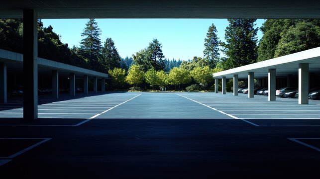 An empty parking lot with cars beneath concrete canopies and trees