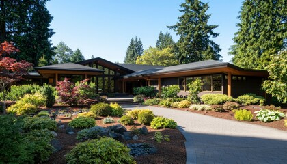 Obraz premium Modern home nestled amongst lush landscaping, showcasing a paved driveway and vibrant greenery