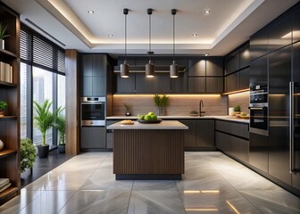 Sleek Black Modern Chinese Kitchen Interior Design Stock Photo