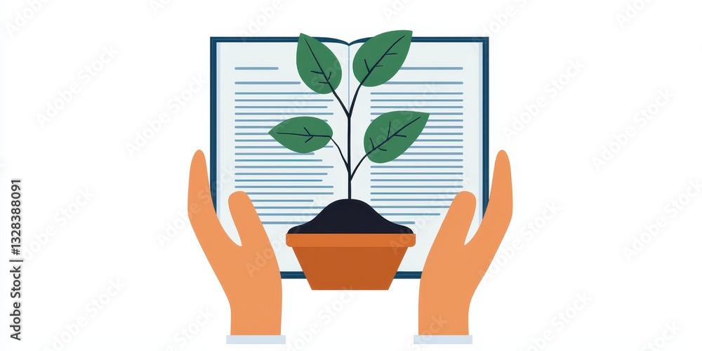 Poster a pair of hands cradles a potted plant emerging from an open book, symbolizing the relationship betw